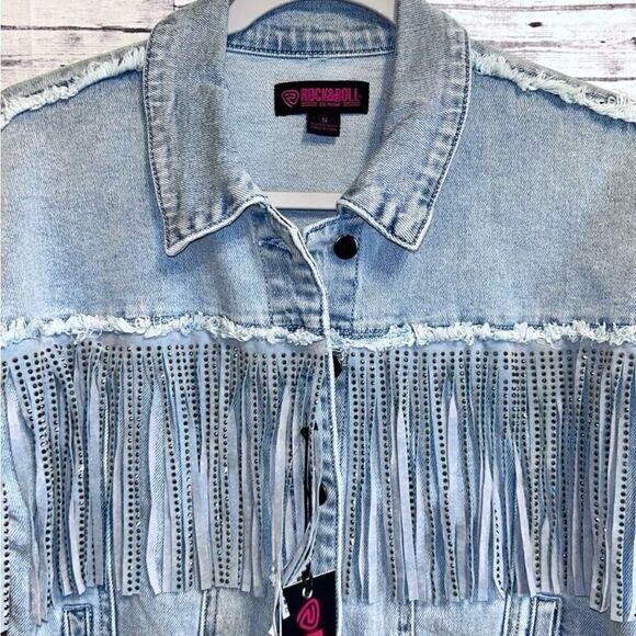 Rock and Roll Denim Light Wash Studded Fringe Denim Jacket - Picture 5 of 12